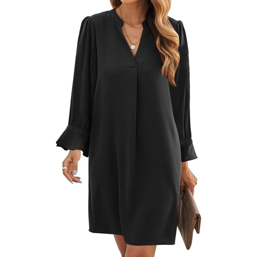 Long Sleeve V Neck Dress Women Polyester Casual Loose Fit Swing Shift